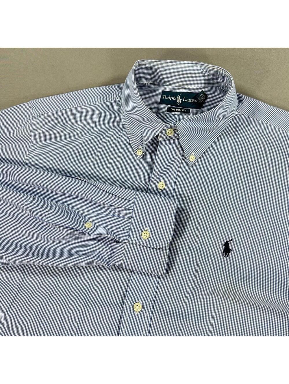 Ralph Lauren Casual Button-Down Shirt Navy Mens Large Gingham Custom Fit